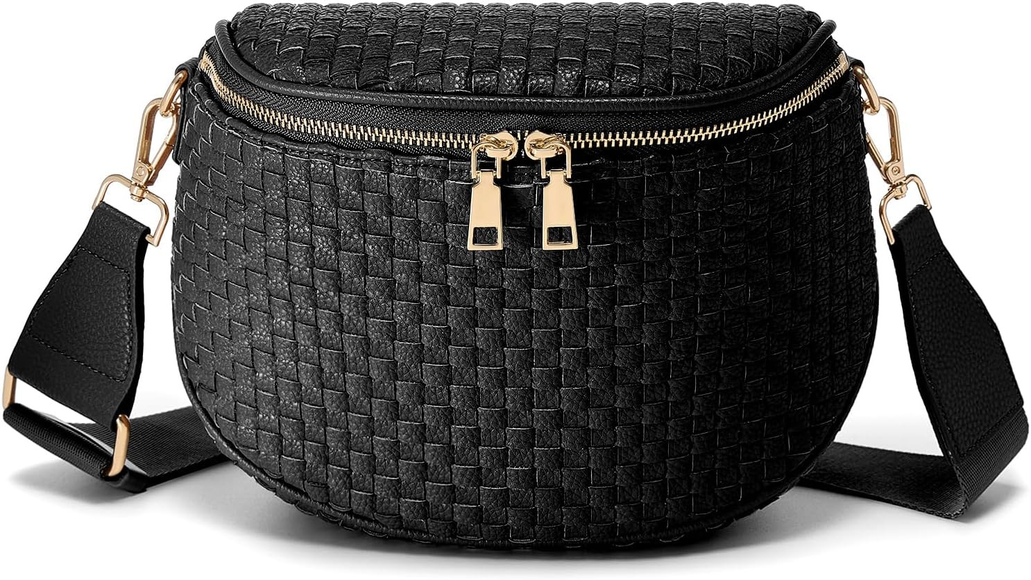 Trendy Woven Checkered Crossbody Bum Bag for Women，PU Leather Checkered Purse Fanny Packs Belt Bag (Woven Bum Bag - Pure Black) | Amazon (US)