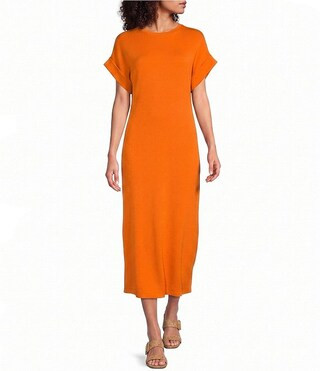 Knit Crew Neck Short Cuffed Sleeve Midi T-Shirt Dress | Dillard's