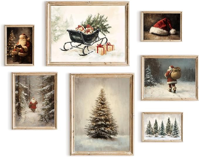 TWNSLLA Vintage Wall Art Set of 7,Vintage Christmas Wall Decor,Moody Snowy Landscape Painting Win... | Amazon (US)