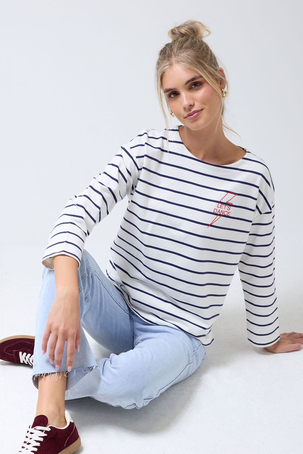 Billie Breton 3/4 Sleeves Boat Neck Striped Top in White | iCLOTHING