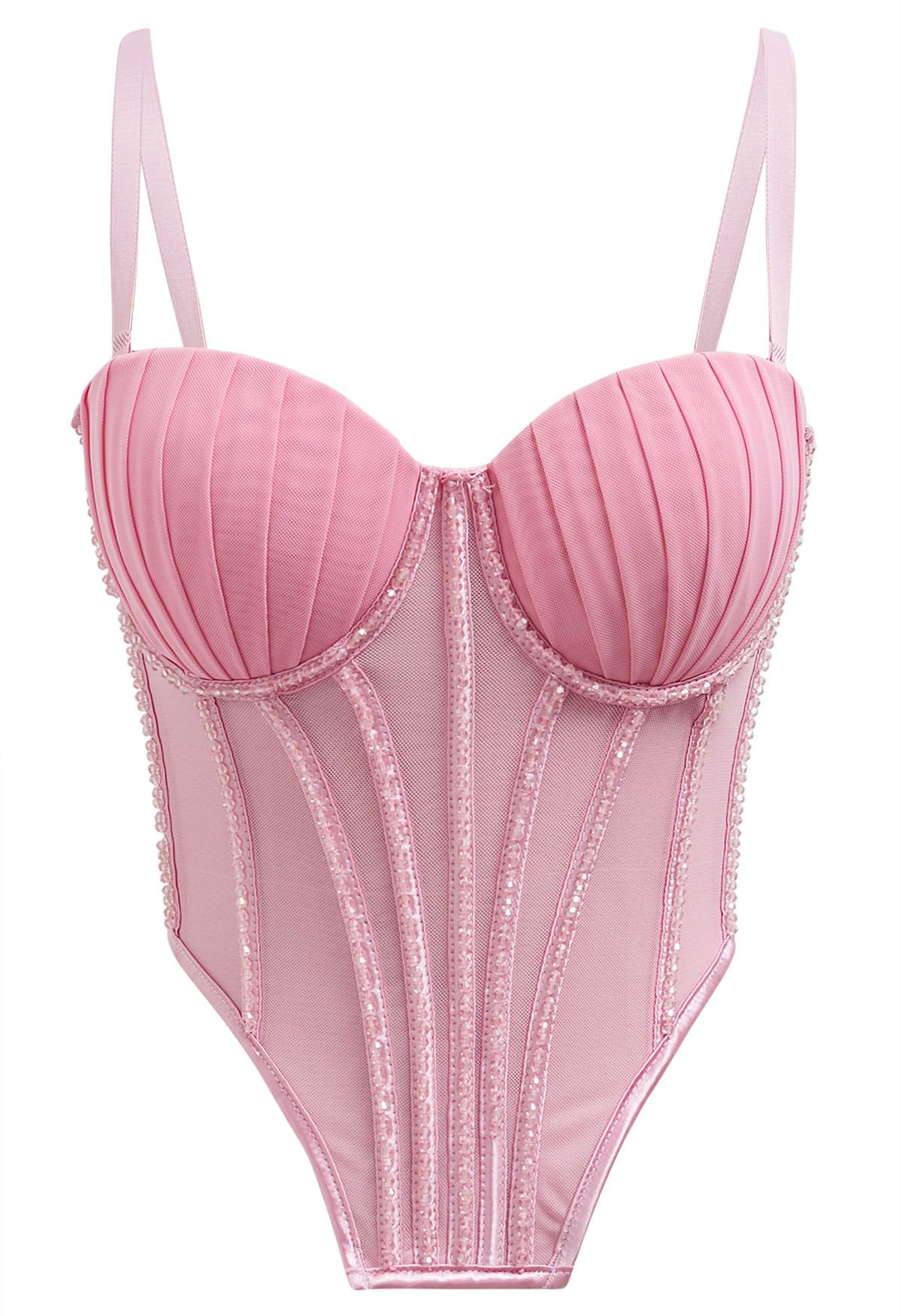 Bead Embellished Pleated Mesh Bustier Top in Pink | Chicwish