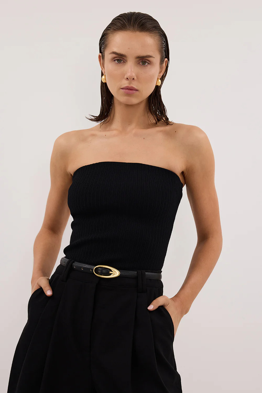 LIMA BLACK STRAPLESS BANDEAU KNIT TOP | DISSH