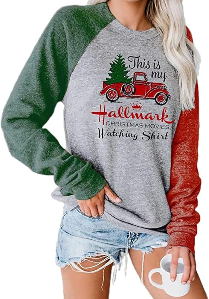 Xmas Sweatshirt for Women, Women's This is My Hallmark Christmas Movies Watching Shirt Print Top | Amazon (US)