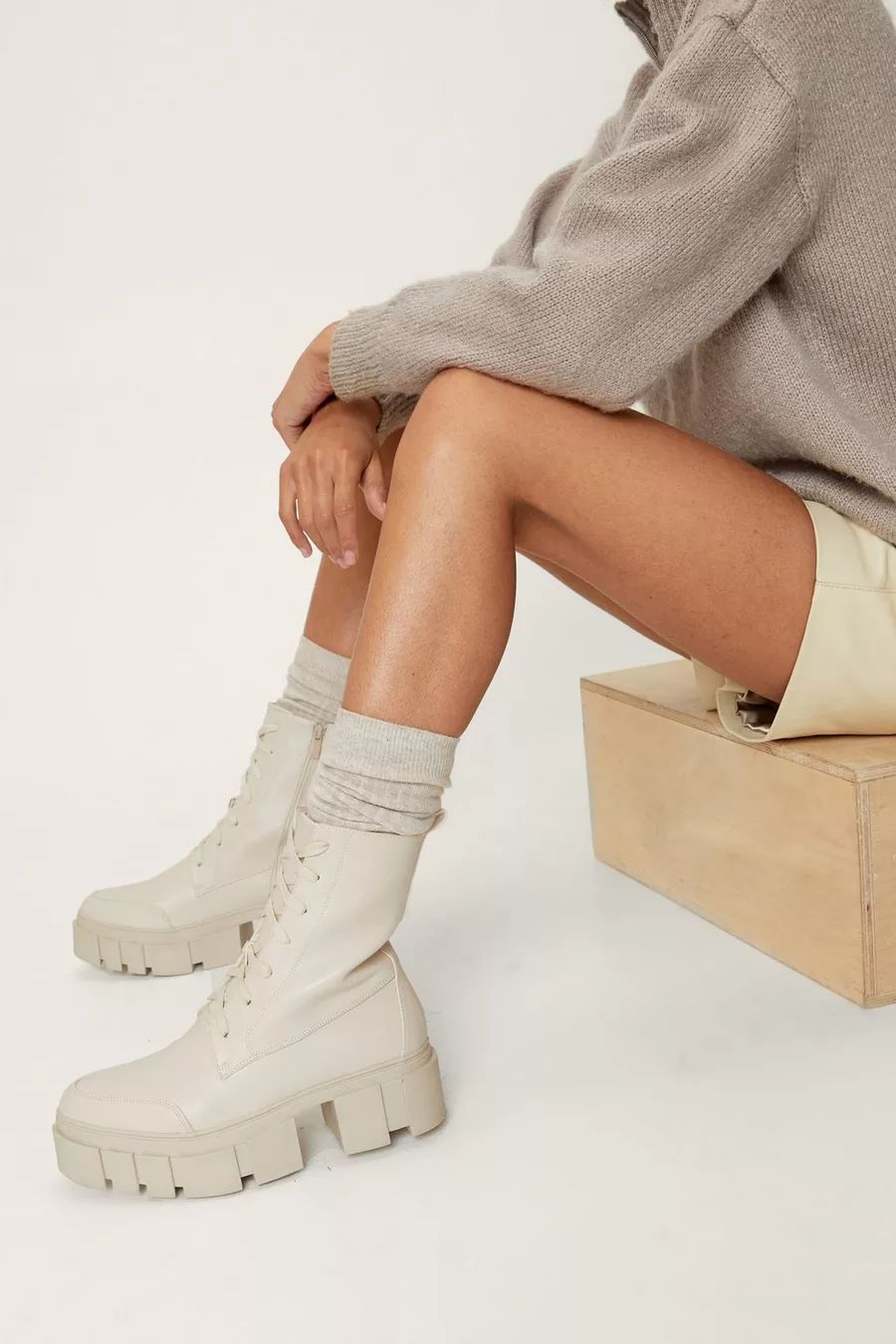 Faux Leather Lace Up Chunky Cleated Sole Boots | Nasty Gal (US)