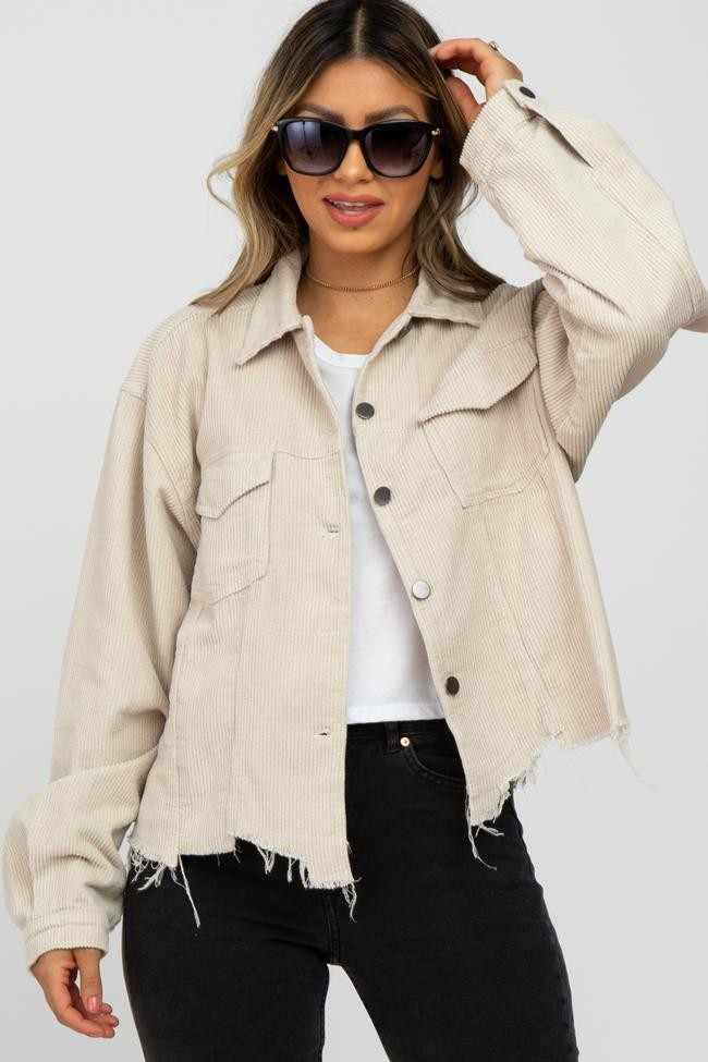 Beige Corduroy Distressed Hem Cropped Jacket | PinkBlush Maternity