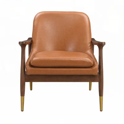 Faux Leather Accent Chair with Cushioned Seat, Solid Wood Frame, and Brass-Tipped Legs Perfect for Living Room, Bedroom, or Office Lounge | Wayfair North America