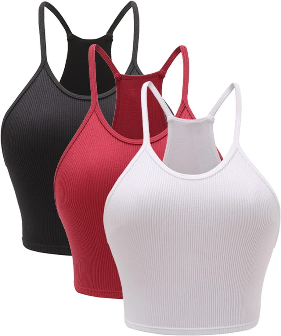 Attifall 3 Piece Ribbed Crop Tank Top for Women Seamless Racerback Spaghetti Strap Cami Workout S... | Amazon (US)
