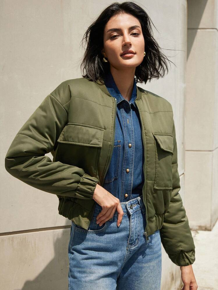 Aveloria Modichic Casual US Style Military Green Double Pocket Design Short Flight Bomber Puffer Jacket Fall Cloth For Women | SHEIN