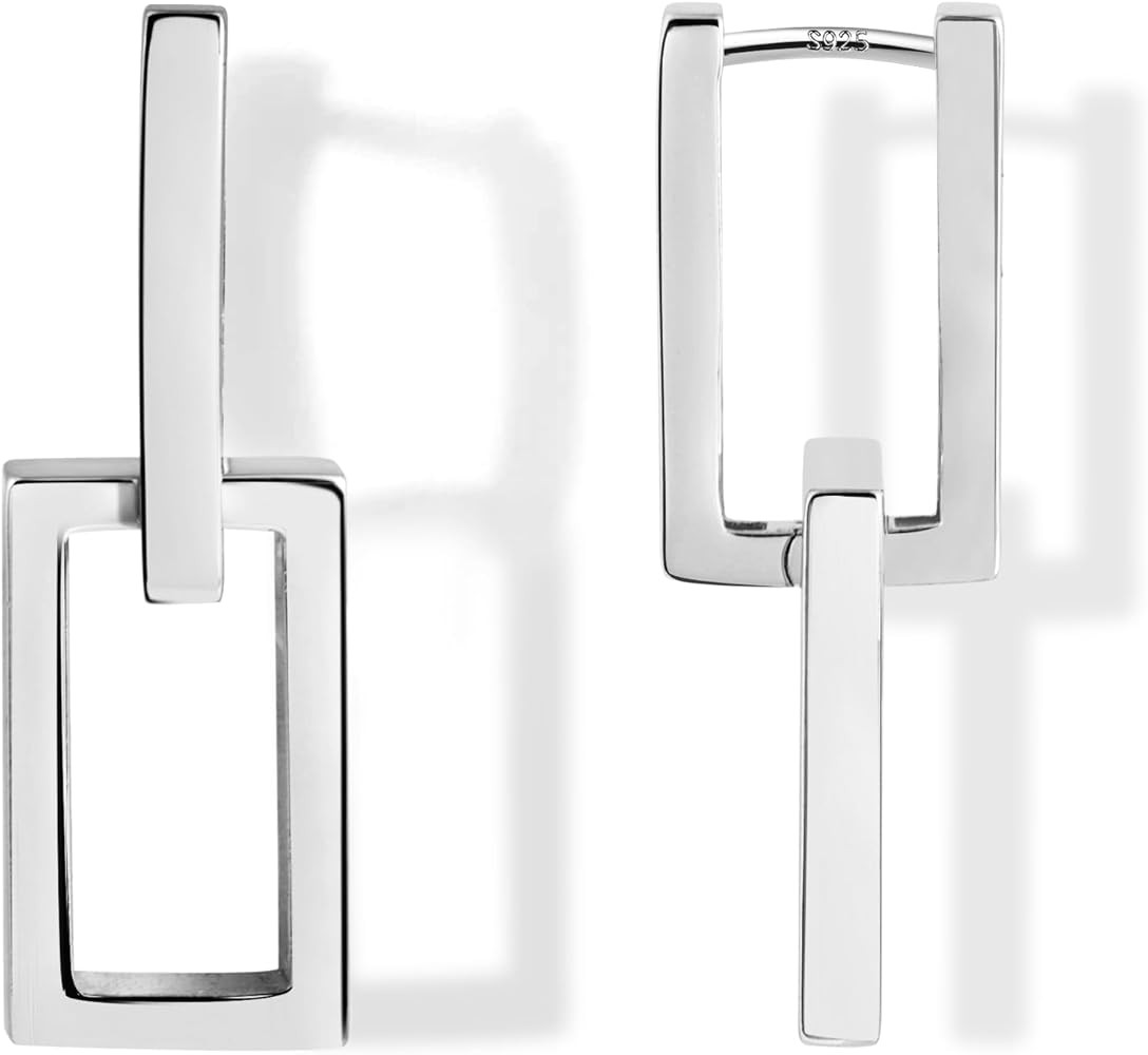 925 Sterling Silver Earrings for Women Trendy Square Hoop Earrings Minimalist Geometric Rectangle... | Amazon (US)