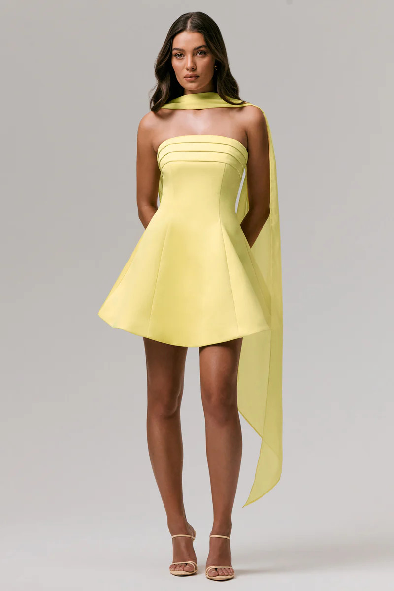 Love Me  Lemon Satin Skater Mini Dress With Chiffon Scarf | Club L London