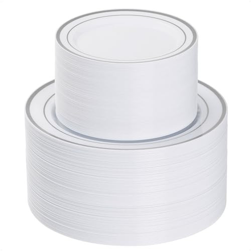 Goodluck 200PCS Silver Plastic Plates, Heavy Duty Disposable Gold Plates with 100 10.25 inch Dinner Plates and 100 7.5 inch Dessert Plates, Disposable Plates for Party, Holiday, Wedding, Christmas | Amazon (US)