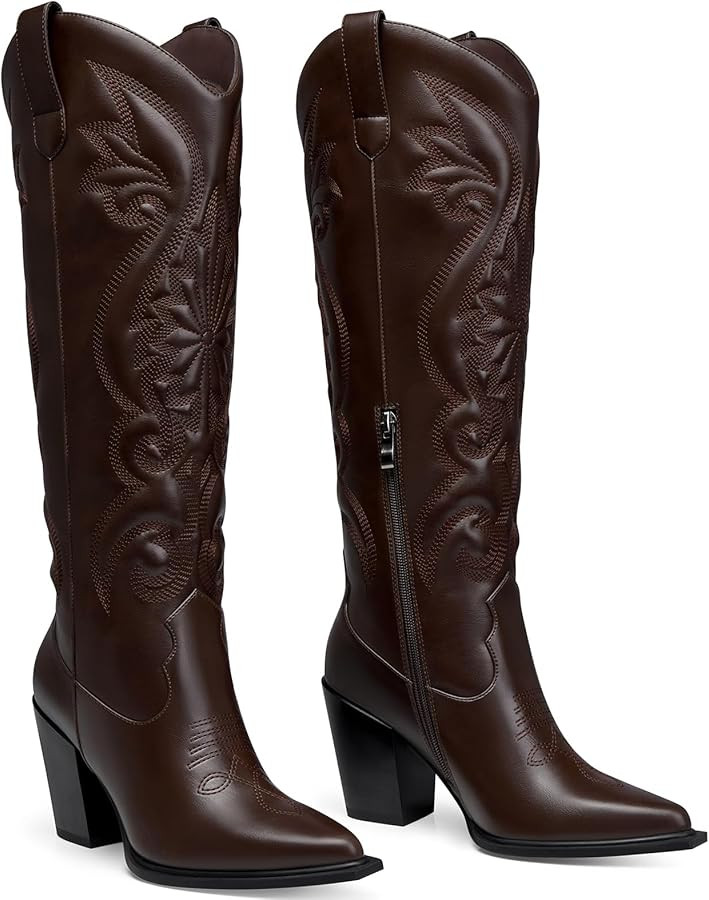 Women High Cowboy Boots: 3.5 Inch Chunky Heels Cowgirl Boot, Pointed Toe Trendy Knee High Boots, ... | Amazon (US)