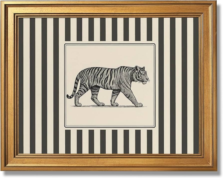 Gold Framed Vintage Tiger Wall Art Black and White Striped Wild Animal Poster Retro Jungle Big Ca... | Amazon (US)