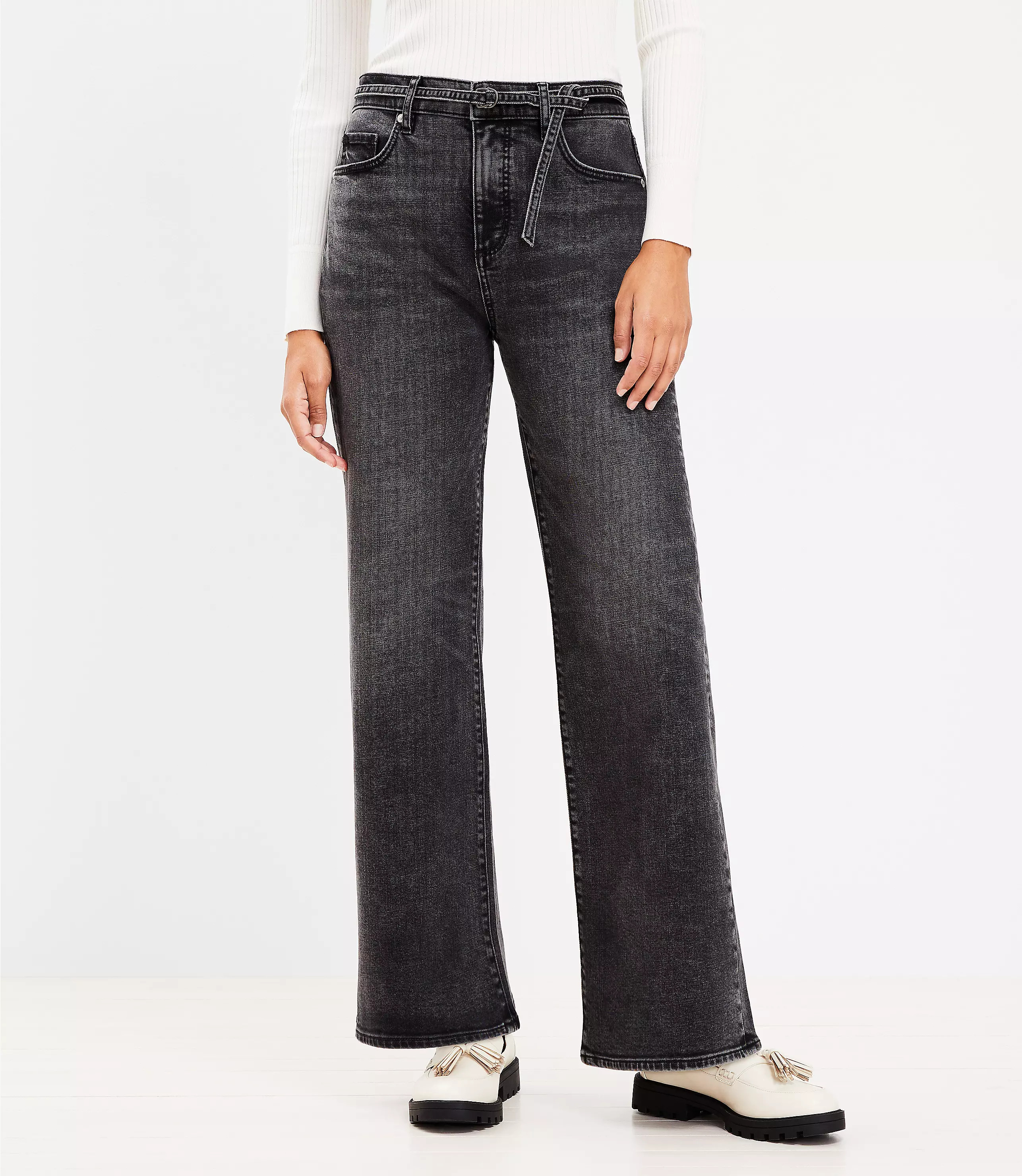 Belted High Rise Wide Leg Jeans in Washed Black Wash | LOFT
