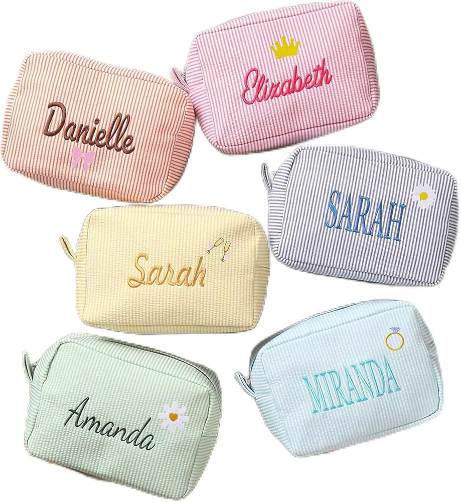 Personalized Cosmetic Bag with Name, Cute Custom Makeup Bags for Women Girls Seersucker Bridesmai... | Amazon (US)