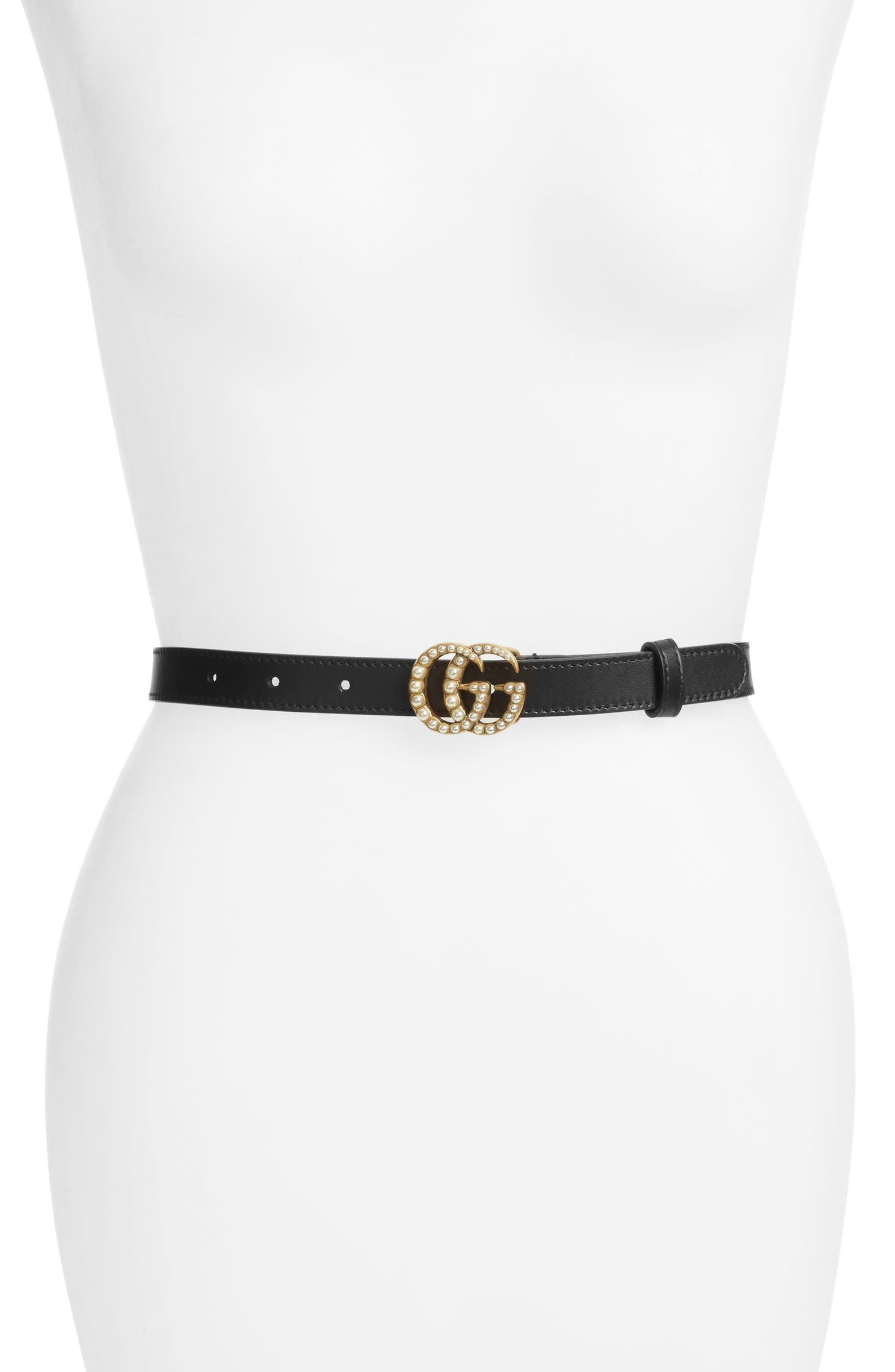 Imitation Pearl Logo Buckle Leather Skinny Belt | Nordstrom