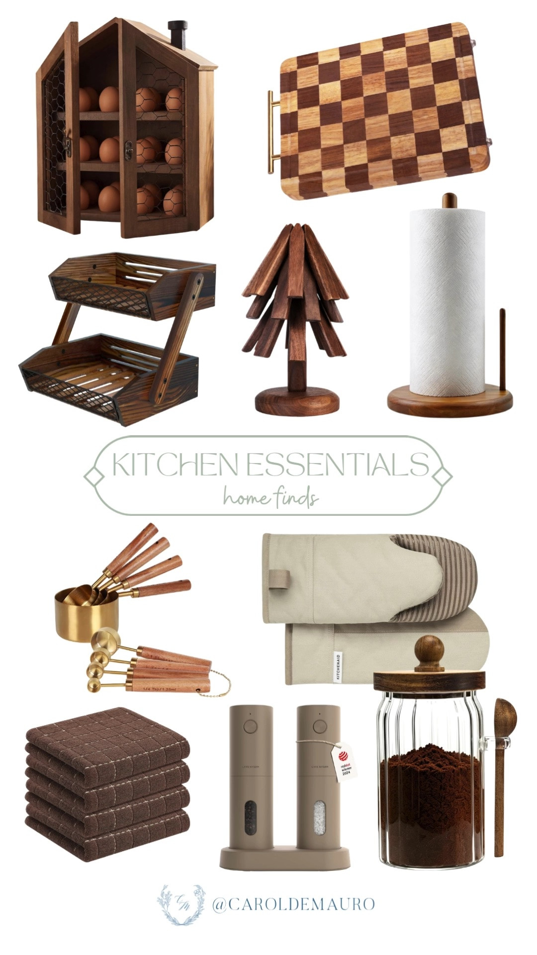kitchen essentials, home finds, wooden home accents, checkered chopping board, measuring cups and spoon set, glass and wood canisters, oven mittens, kitchen towels, wooden trivet, paper towel holder, salt and pepper shaker, home organization, modern farmhouse

#LTKfoodie #LTKHome