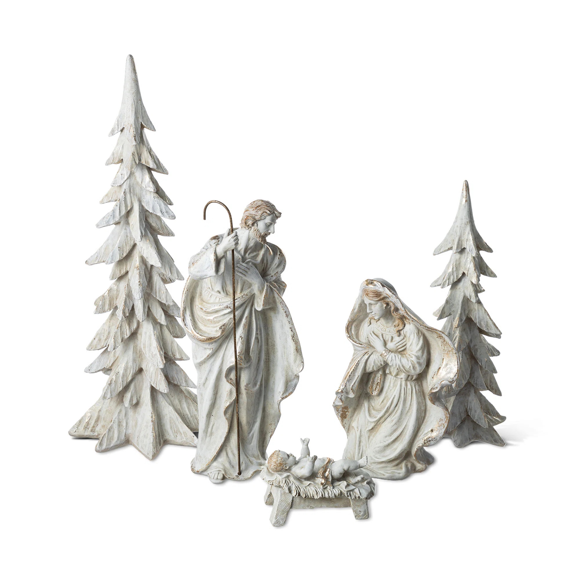 5 Pieces White/Gold Resin Holy Family Nativity Set with Christmas Trees (Set of 5) | Wayfair North America