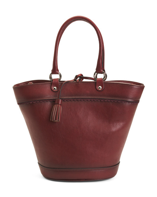 Made In Italy Leather Mosto Tulip Triple Compartment Tote With Tassels | TJ Maxx