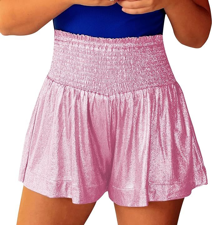 Womens Sequin Shorts High Elastic Waisted Pleated Ruffle Cute Shorts Beach Flowy Casual Glitter S... | Amazon (US)