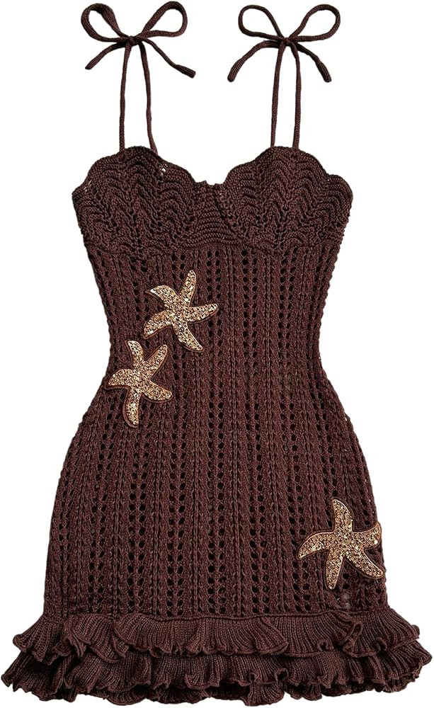 GORGLITTER Women's Crochet Sequin Embellished Dress Starfish Layered Ruffle Tie Shoulder Bodycon ... | Amazon (US)