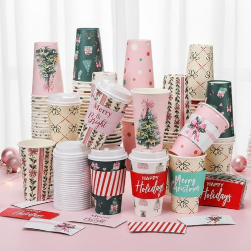 Suttmin 36 Sets/ 108 Pcs Pink Bow Christmas Tree Paper Cups 16 oz Disposable Coffee Cups with Lids and Sleeves Xmas Hot Cocoa Coffee Mug for Cold Drinks Hot Chocolate Christmas Party Supplies | Amazon (US)