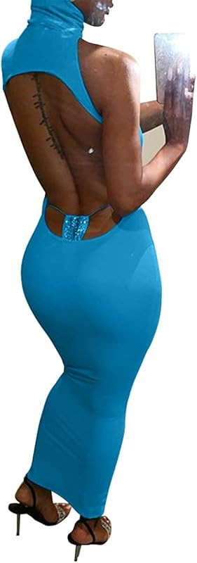 XLLAIS Women's Sexy Turtle Neck Backless Party Maxi Dresses | Amazon (US)