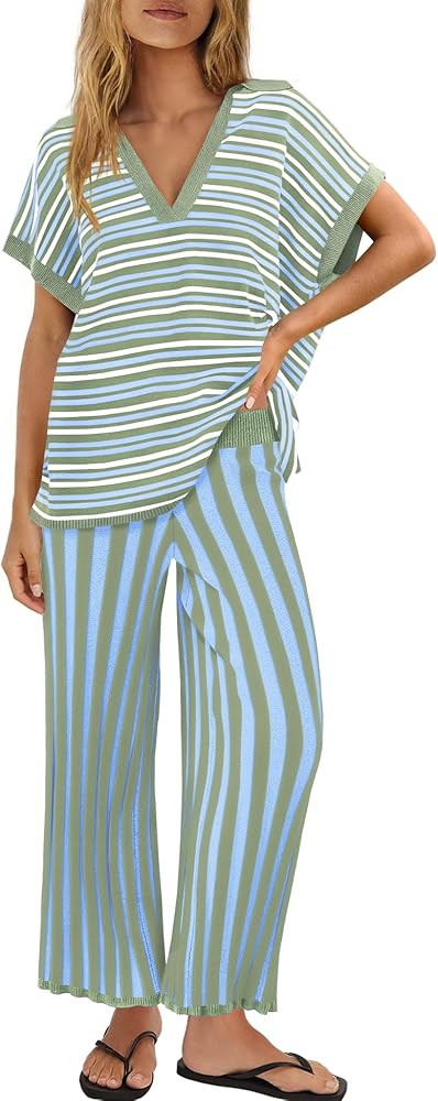 ReachMe Womens Striped Lounge Sets Summer Travel Sets 2 Piece Beach Vacation Outfits Short Sleeve... | Amazon (US)