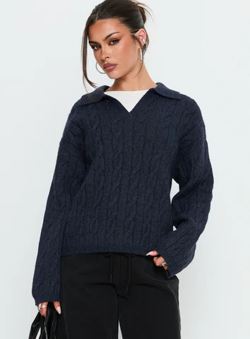 Brodey Collared Cable Knit Sweater Navy | Princess Polly US
