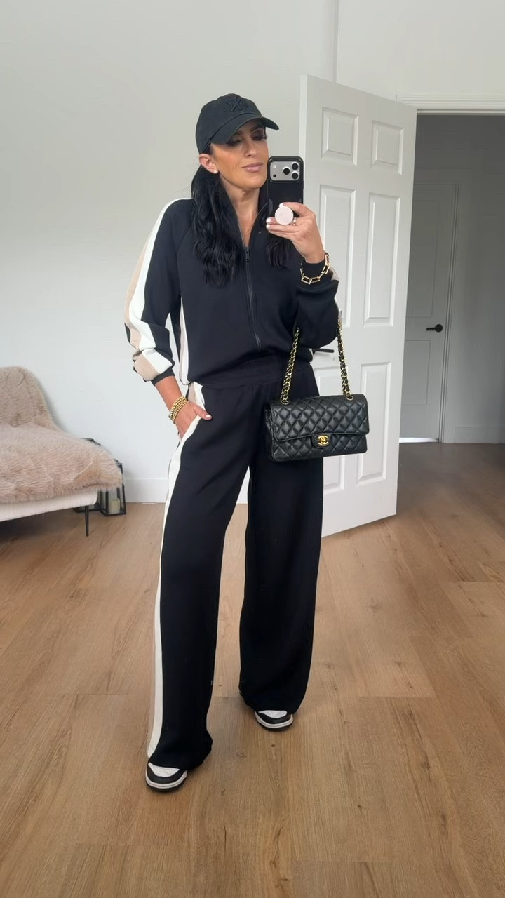 Spanx Air Essentials Colorblock track jacket- I’m wearing a size medium.

Spanx Air Essentials Colorblock track pant- I’m wearing a size medium