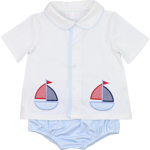 Blue Gingham Applique Sailboat Diaper Set | Cecil and Lou