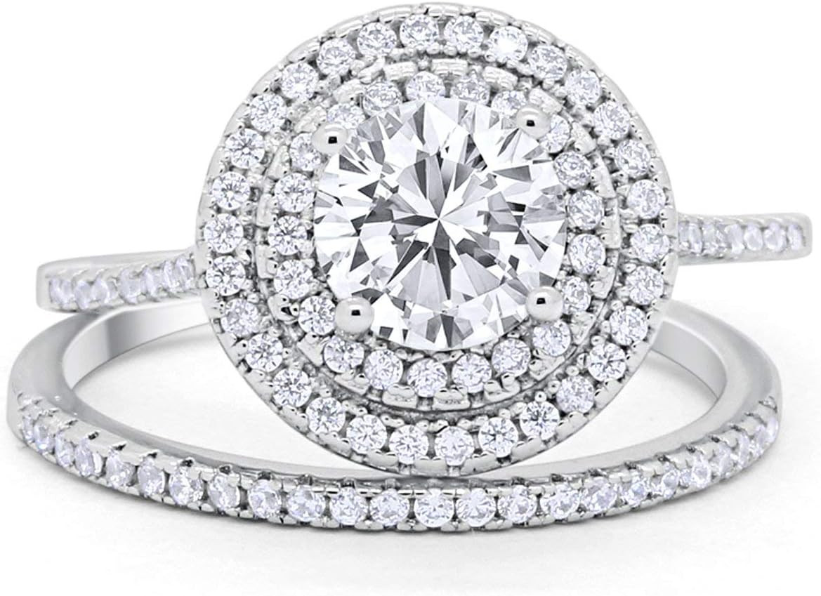Blue Apple Co. Double Halo Wedding Engagement Bridal Set Ring Band 925 Sterling Silver Round Cubic Zirconia | Amazon (US)