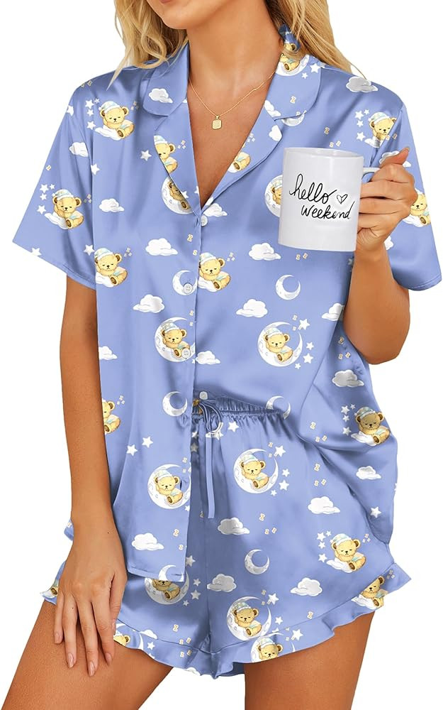 Ekouaer Womens Satin Pajamas Set Button Down 2 Piece Silk Pjs Shorts Set Ruffle Lingerie Notch Co... | Amazon (US)