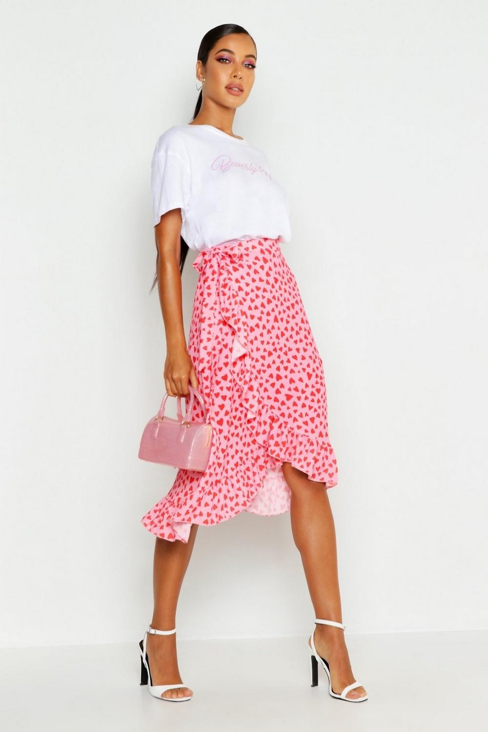 Woven Heart Print Ruffle Midi Skirt | Boohoo.com (US & CA)