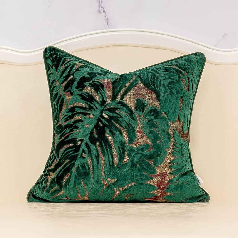 Alerfa 18 x 18 Inch Green Teal Square Maple Leaf Pillow Embroidery Cut Velvet Cushion Case Luxury... | Amazon (US)