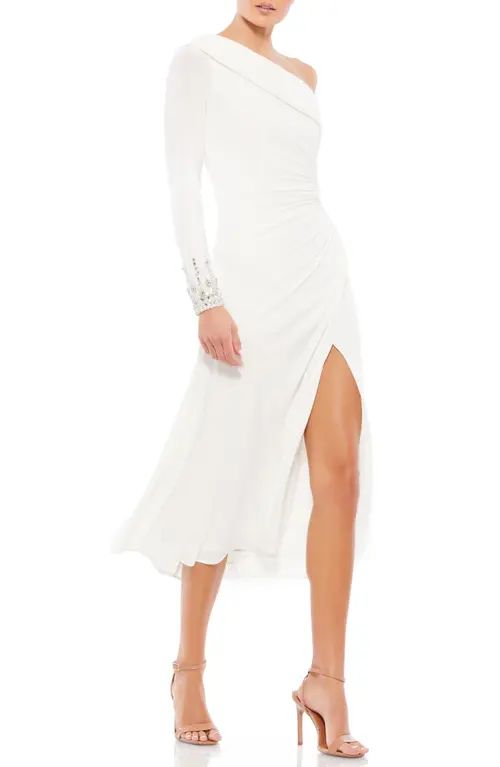 Mac Duggal One-Shoulder Long Sleeve Chiffon Midi Dress in White at Nordstrom, Size 4 | Nordstrom