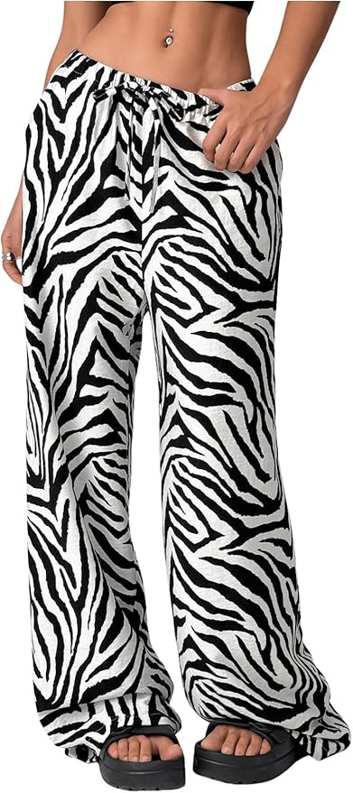 Women's Zebra Print Wide Leg Pants Drawstring Low Rise Baggy Trousers | Amazon (US)
