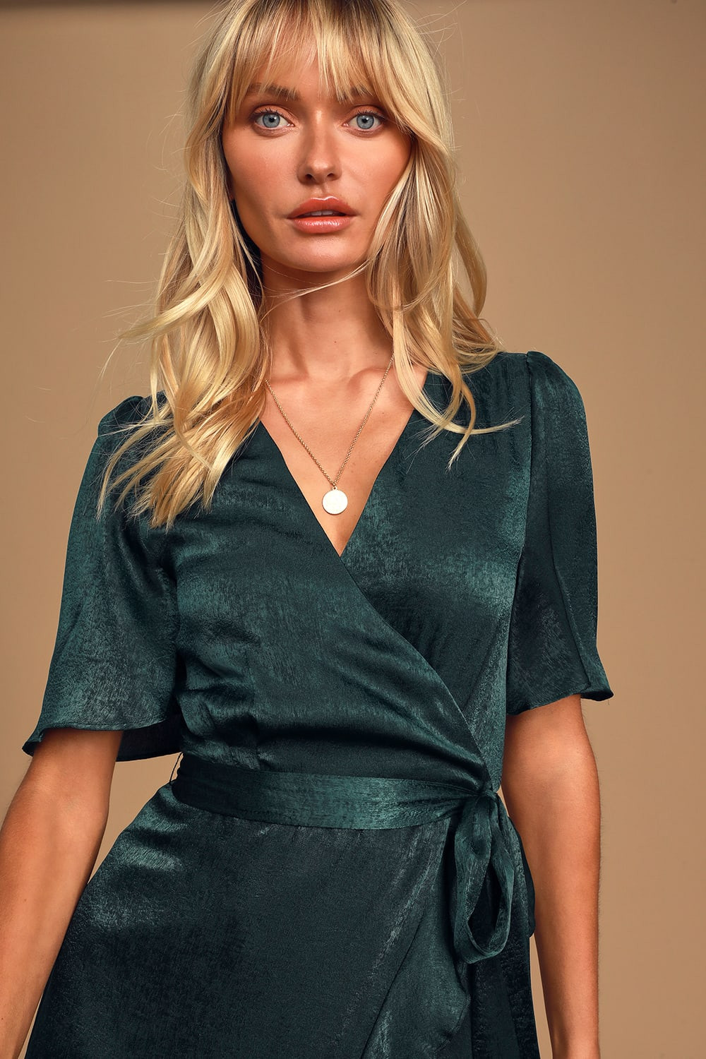 Wrapped Up In Love Dark Green Satin Faux-Wrap Midi Dress | Lulus (US)