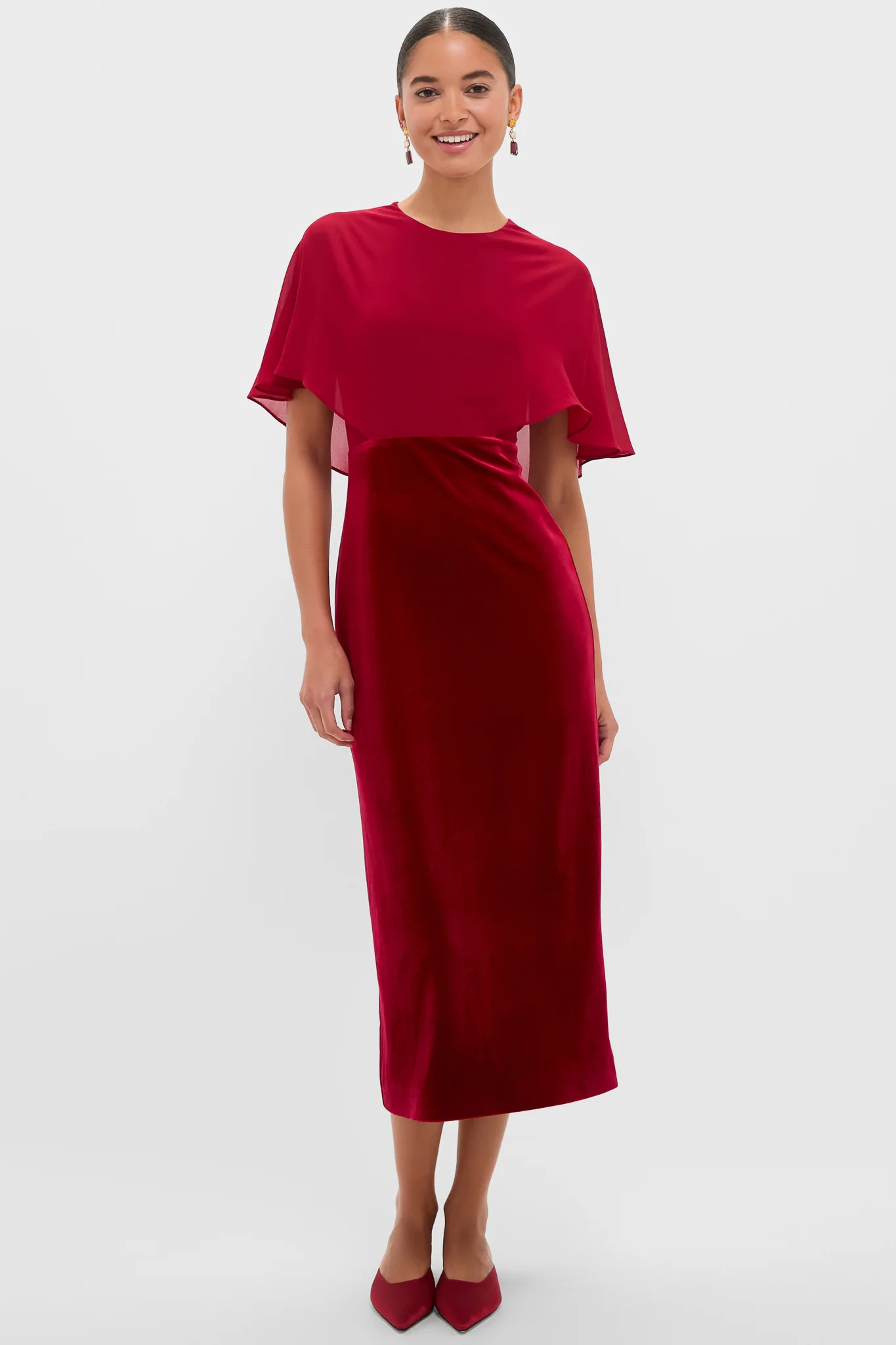 Cranberry Velvet Chiffon Mixed Media Cape Leah Dress | Tuckernuck (US)