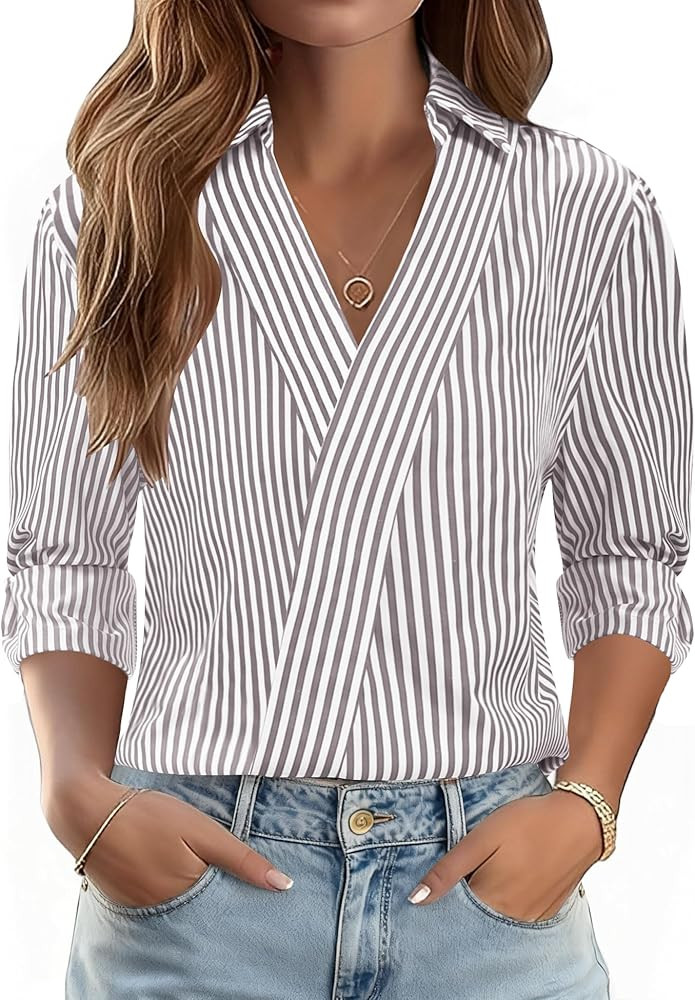 LOMON 3/4 Length Sleeve Womens Tops Dressy V Neck Collared Shirts Trendy Business Casual Work Blo... | Amazon (US)