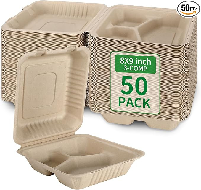 Aricsen 50 Pack 3 Compartment Compostable 8x9 Inch Takeout Lunch Box Containers with Lid To Go Ta... | Amazon (US)