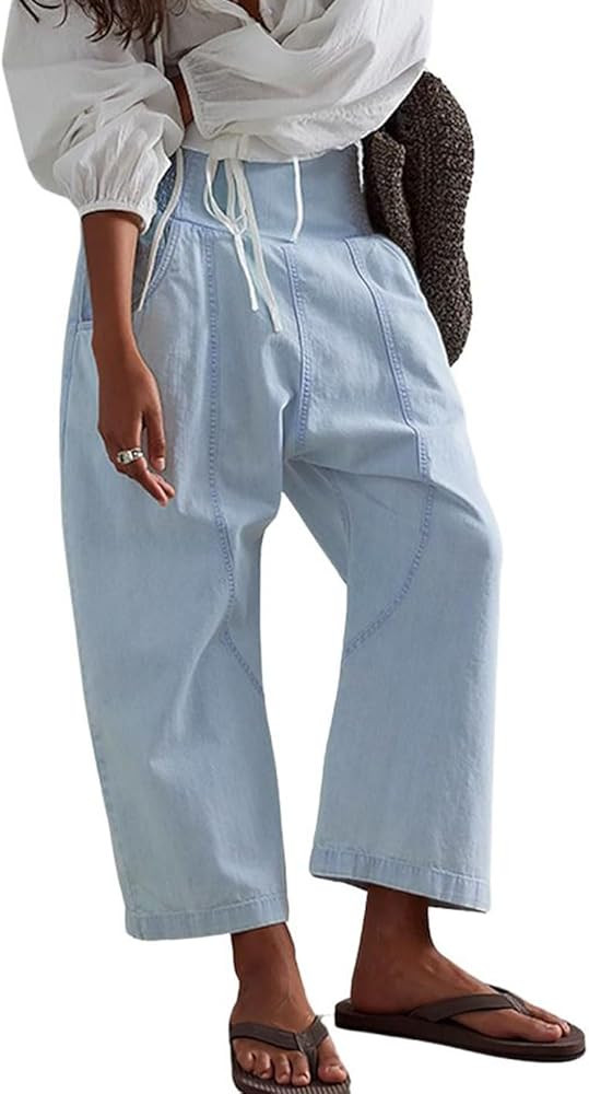 CHARTOU Denim Harem Pants for Women Loose Fit Wide Leg Cropped Barrel Jeans | Amazon (US)