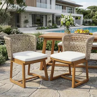 Christopher Knight Home - Dome Outdoor Dining Chair Acacia Wood and Light Brown Wicker, Set of 2 ... | Bed Bath & Beyond