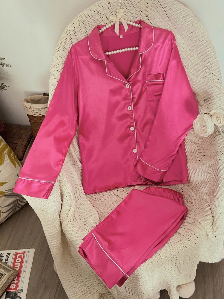 Pajama Set mit Kontrast Bindung und Taschen vorn | SHEIN