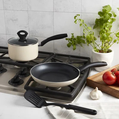 Basic Essentials 4-Piece Non-Stick Aluminum Cookware Set, 2.5QT Saucepan with Glass Lid and 9.5" Open Frypan with Nylon Turner | Wayfair North America