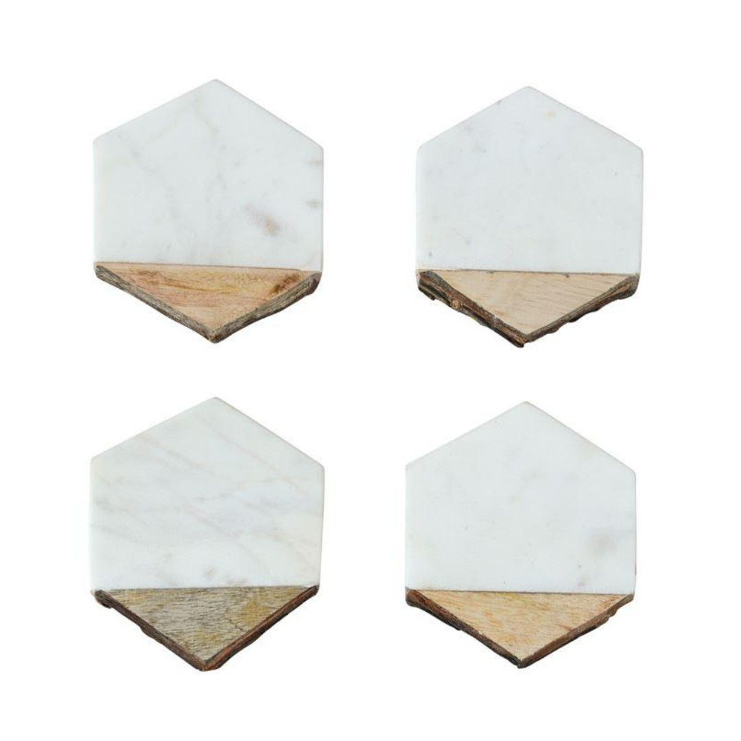 Hexagon Marble Wood Coasters w/ Bark Edge, Set of 4 | Megan Molten