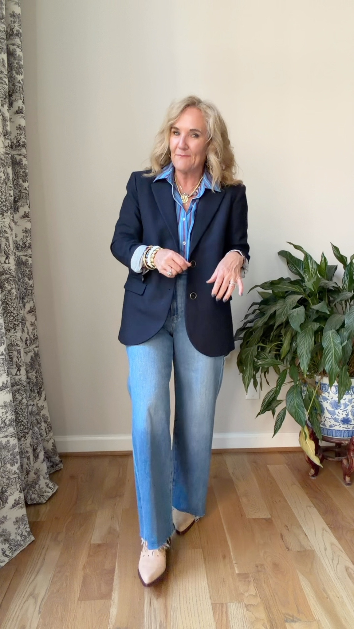 Code NANETTE20 20% off Allie & Bess. You can buy the bracelet stack, necklace stack or a few pieces separately. 
I’m Wearing the middle size in the bracelets . 65mm
The short in the necklaces. Necklaces have a 3” extender and are 16” before the extender  
Paige anessa jeans size 29 petite 
Striped blouse size medium it runs big 
Navy blazer 10 petite 
Boots size up 1/2 
Boots and blazer on sale!!

#LTKSaleAlert #LTKPetite #LTKOver40 #LTKSeasonal