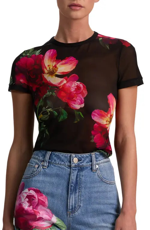 Alice + Olivia Tess Floral Mesh T-Shirt in Empress Bloom Black at Nordstrom, Size Small | Nordstrom