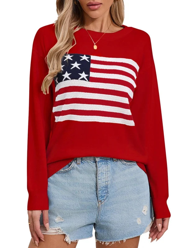 American Flag Graphic Sweaters for Women Casual 4th of July Crew Neck Sweater Long Sleeve Lightwe... | Walmart (US)