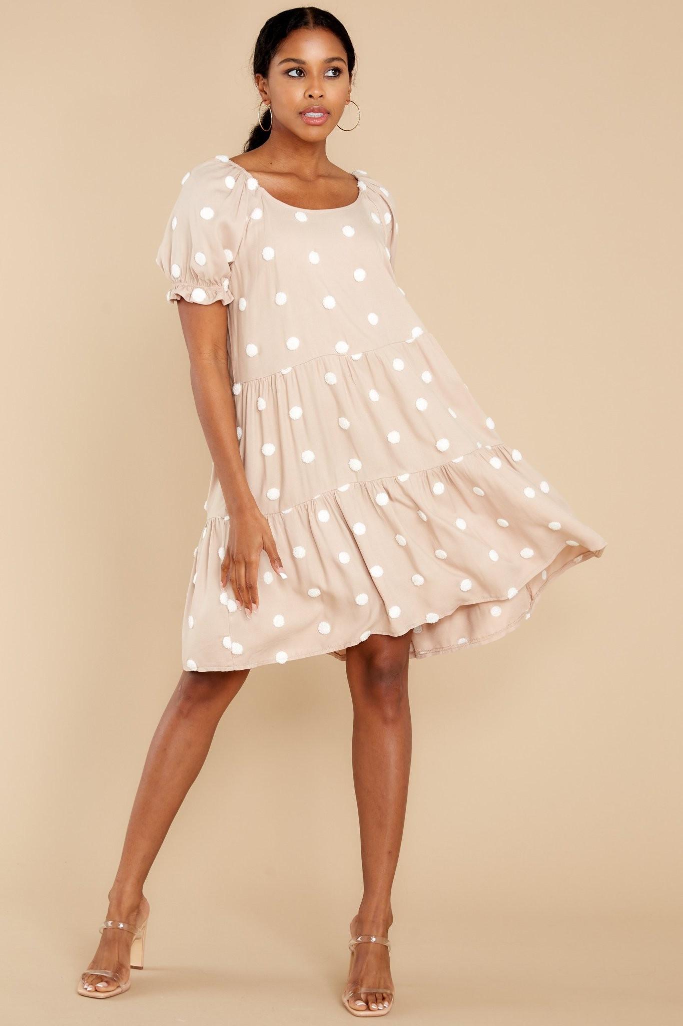 She Loves To Twirl Taupe Polka Dot Dress | Red Dress 